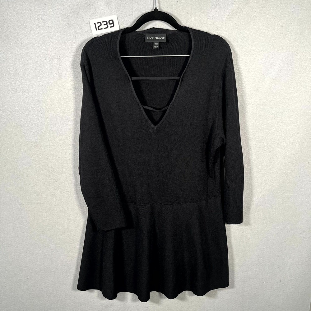 Lane Bryant Sweater Dress Women 18/20 Black V Neck Tight Knit Long Sleeve Winter
